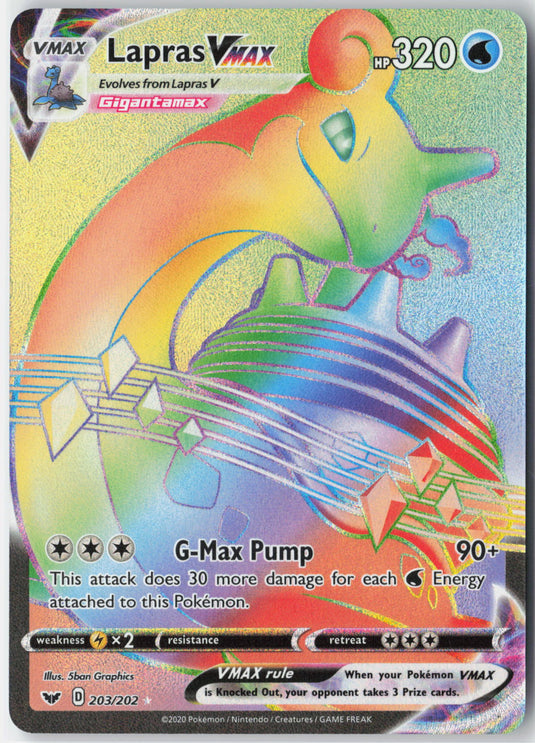 Lapras VMAX #203/202 Rainbow Rare Sword & Shield 2020 NM