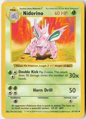 Nidorino #37/102 Base Set Shadowless 1999 MP