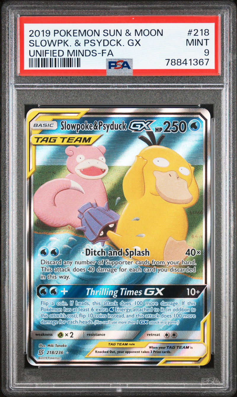Load image into Gallery viewer, Slowpoke &amp; Psyduck GX #218/236 Ultra Rare Unified Minds 2019 PSA 9
