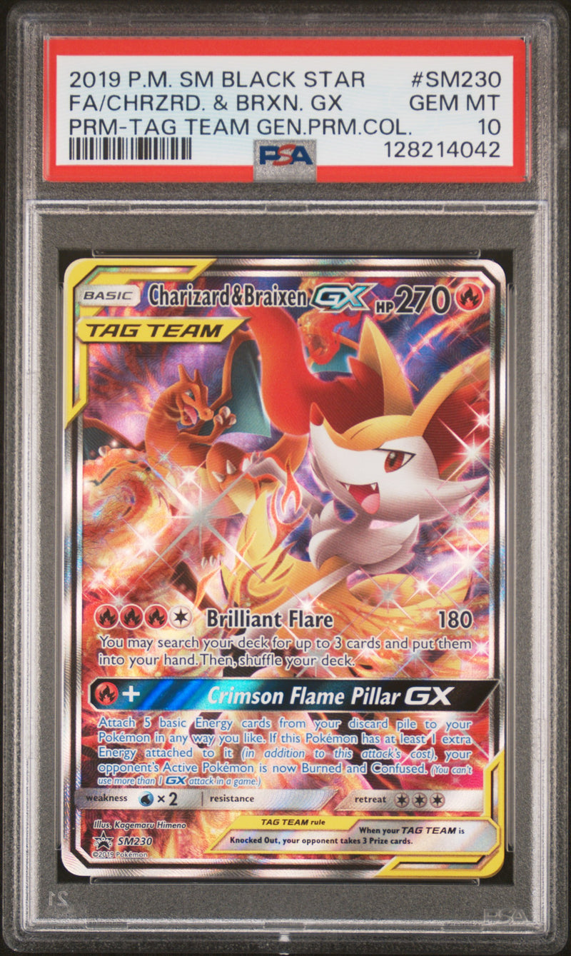 Load image into Gallery viewer, Charizard &amp; Braixen GX #SM230 SM Black Star Promo 2019 PSA 10
