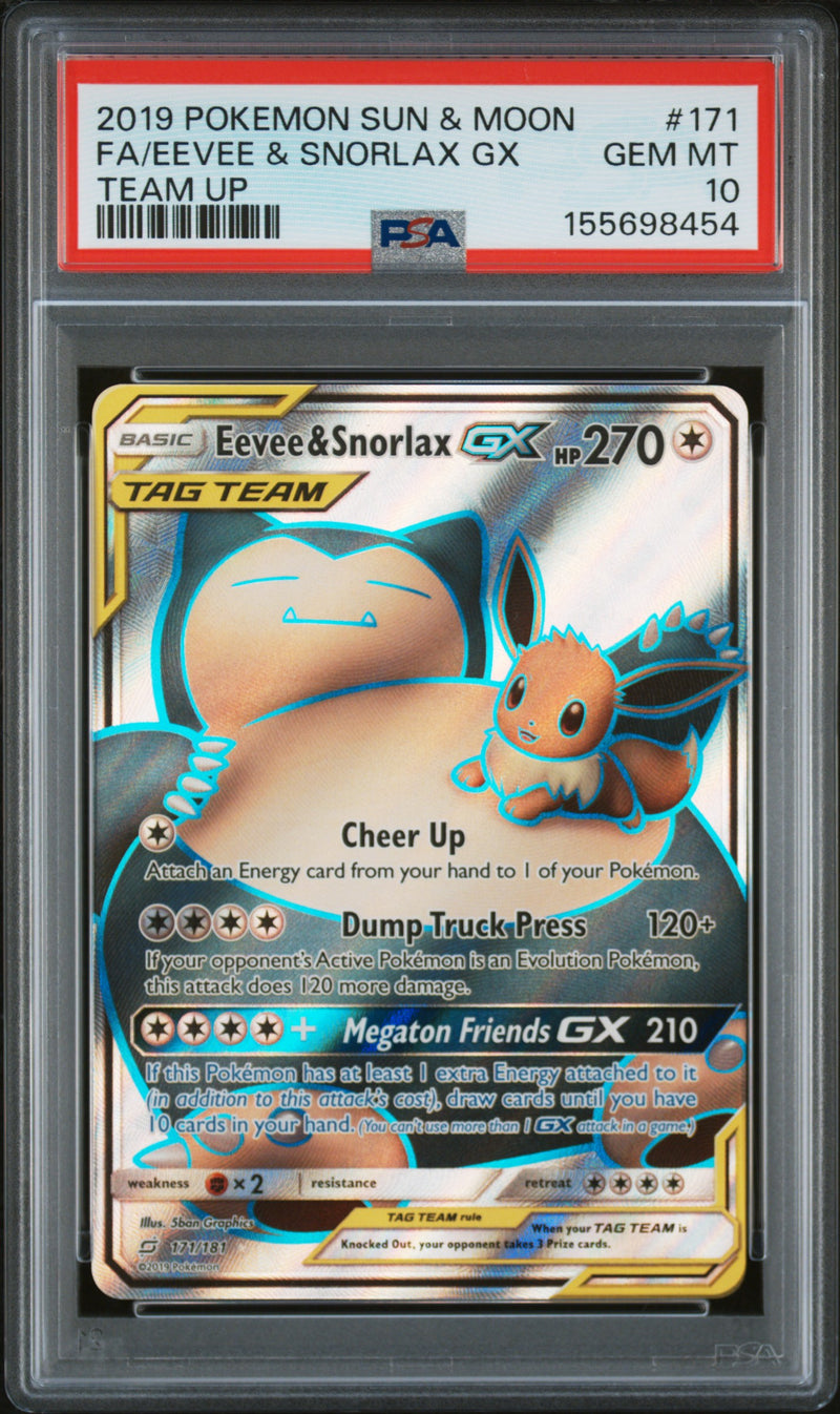 Load image into Gallery viewer, Eevee &amp; Snorlax GX #171/181 Ultra Rare Team Up 2019 PSA 10
