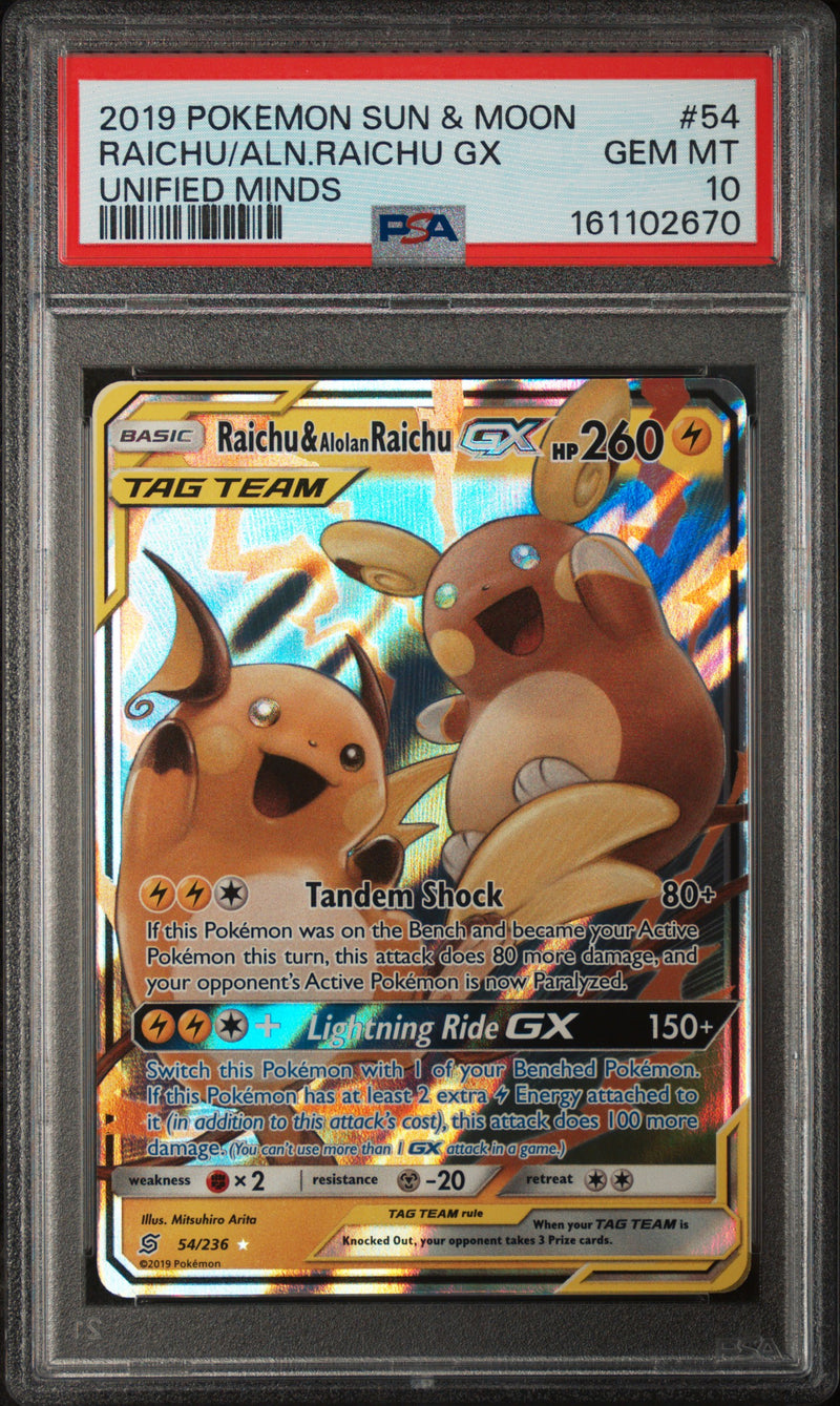 Load image into Gallery viewer, Raichu &amp; Alolan Raichu GX #54/236 Ultra Rare Unified Minds 2019 PSA 10
