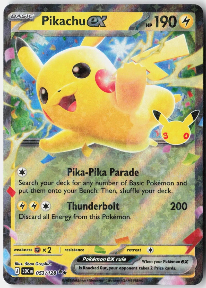 Load image into Gallery viewer, Pikachu ex #053/128 30th Celebration 2026 NM
