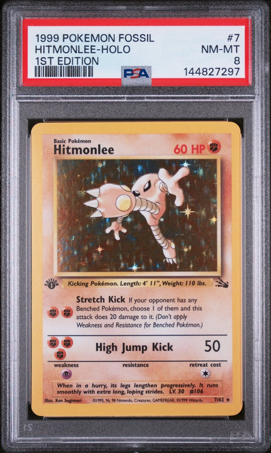 Hitmonlee #7/62 Holo Fossil 1st Edition 1999 PSA 8